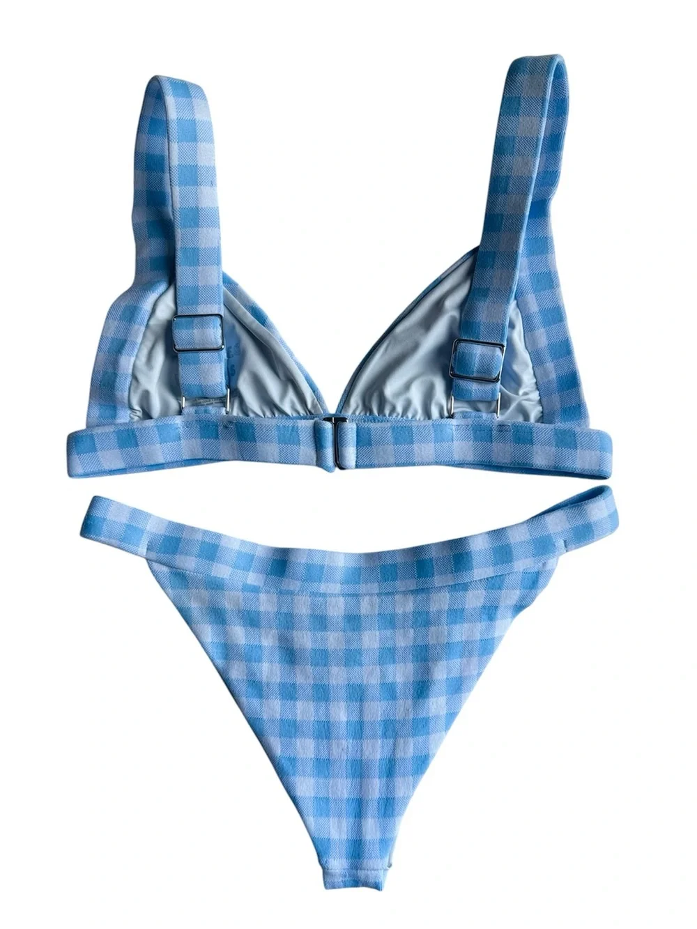 Frankies Bikinis Light Blue Gingham Bikini Top Large Bottom Small